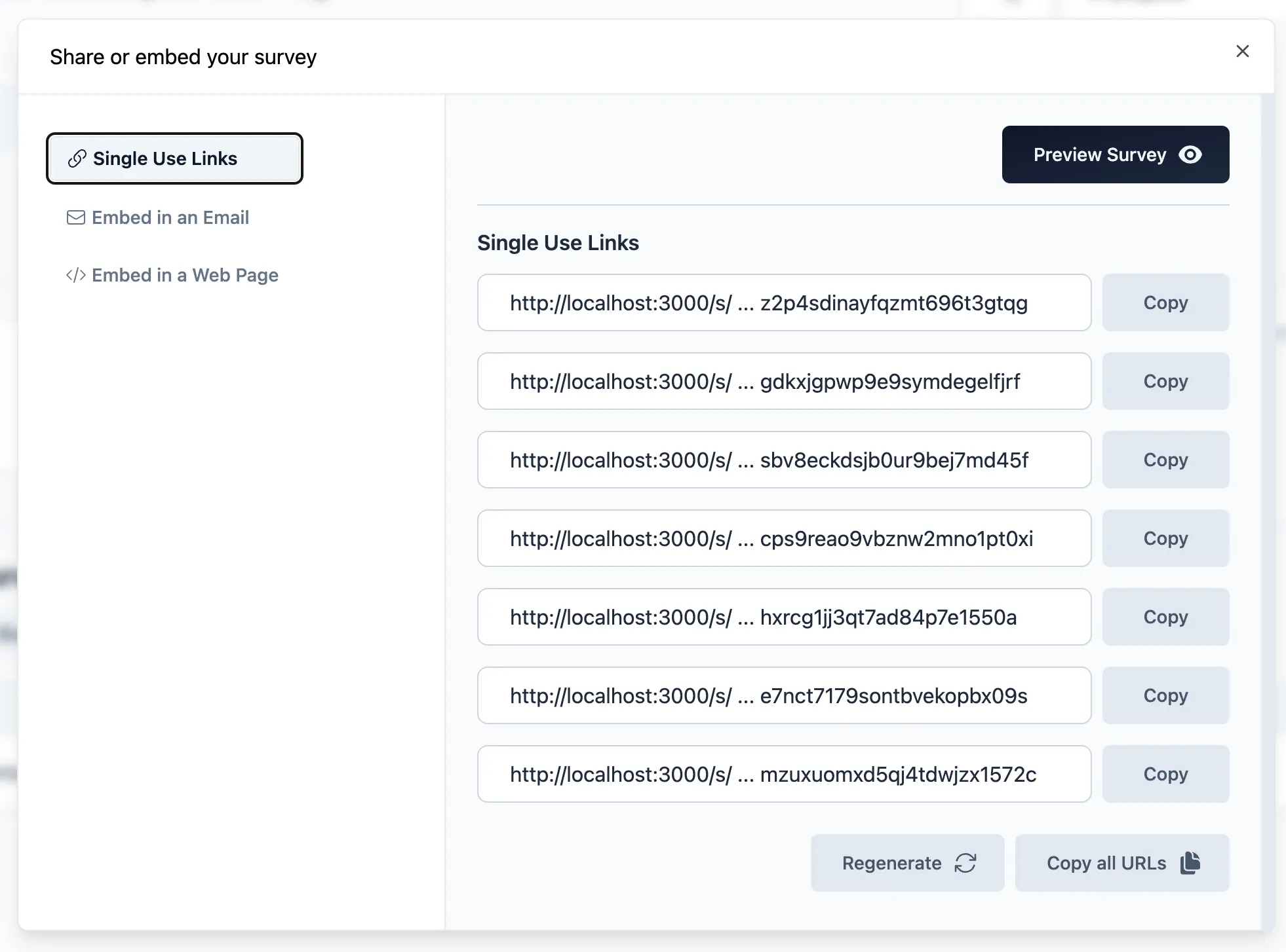 Share modal with 7 single use links which can be regenerated