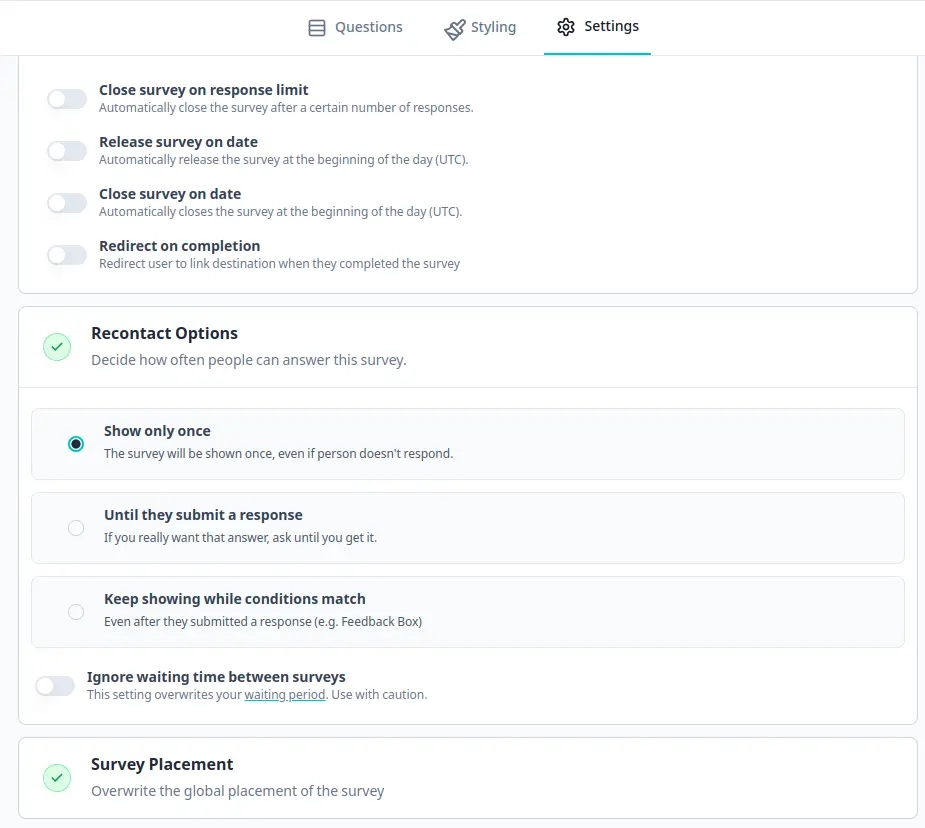 Choose Recontanct Options for the Survey