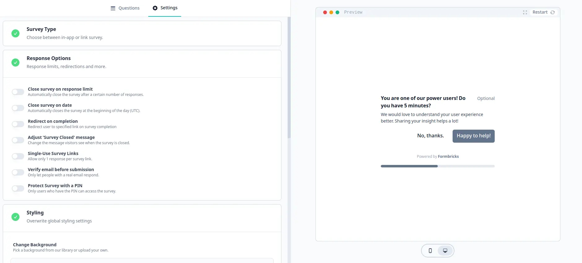 Survey response configuration for link survey